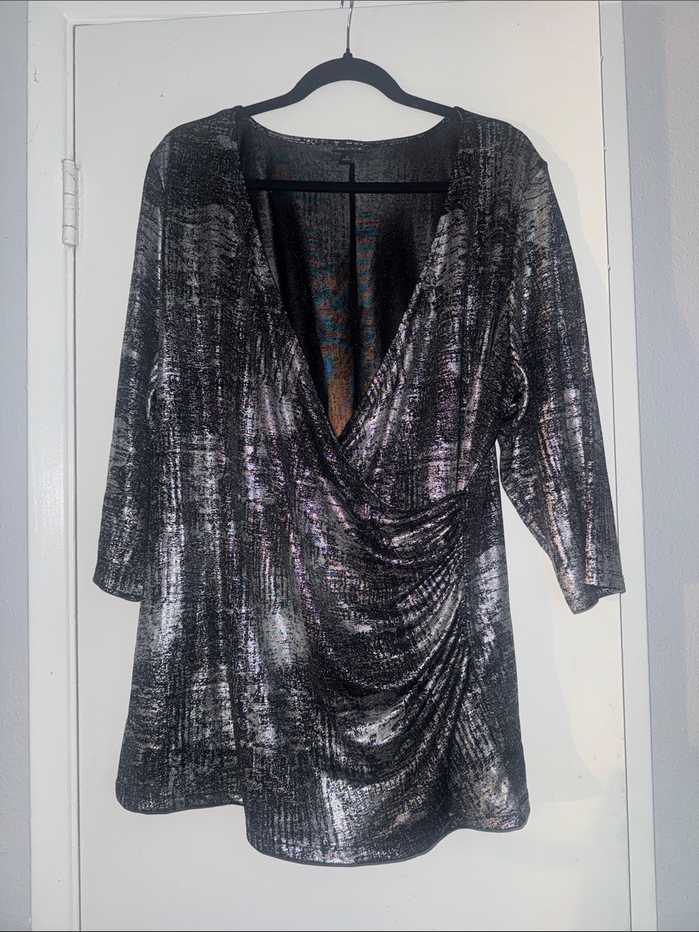 Torrid Metallic Black Ruched Draped V-Neck Blouse